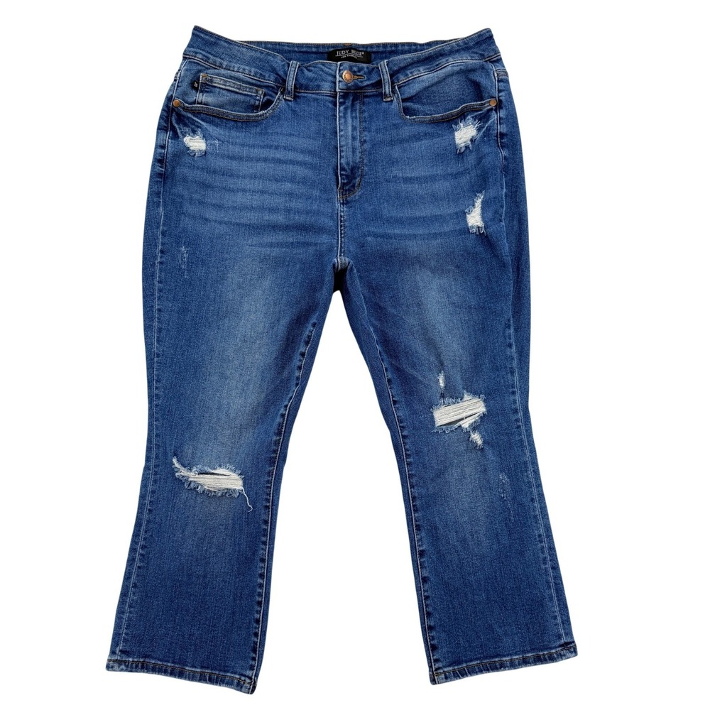 Judy Blue 18W Distressed Cropped Flare Jeans Med Wash High Rise JB78100 Stretch